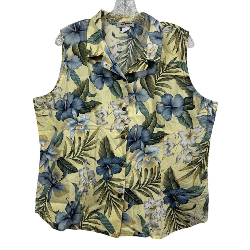 Two Paddles 1XL Sleeveless Hawaiian Shirt Yellow Blue Floral Cotton Hawaii